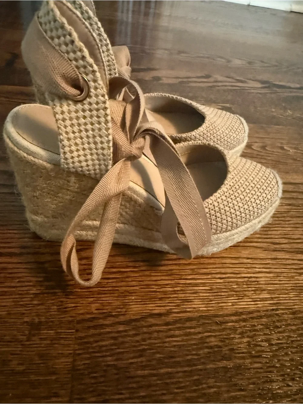 Neutral Lace-Up Espadrille Wedge Sandals - Women's Beige